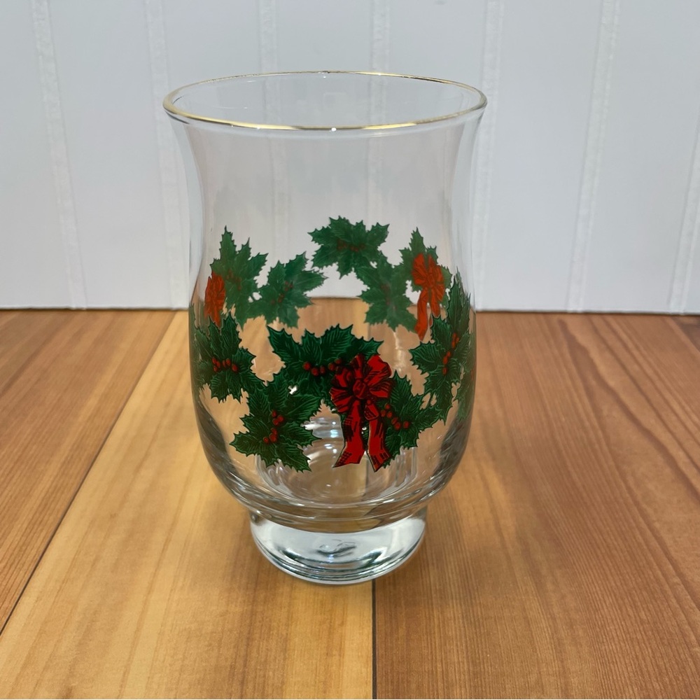 Vintage Libbey Christmas Glass Tumbler Gold Rim Hurricane Tulip Holiday Cocktail